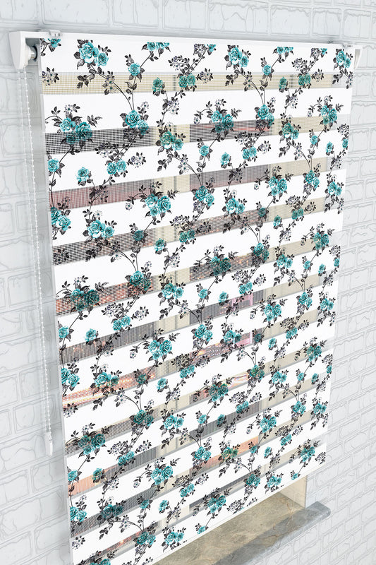 Mavi Gül Desenli Zebra Perde - (AKEL-1121-2)