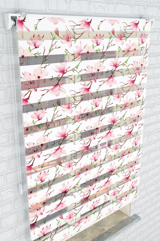 Pembe Manolya Çiçek Desenli Zebra Perde - (AKEL-1123-2)