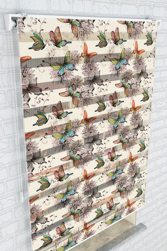 Vintage Kelebek ve Çiçek Desenli Zebra Perde - (AKEL-1124-2)