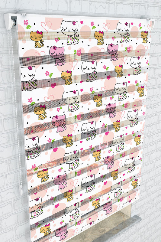 Sevimli Kedi Desenli Zebra Perde - (AKEL-1125-2)