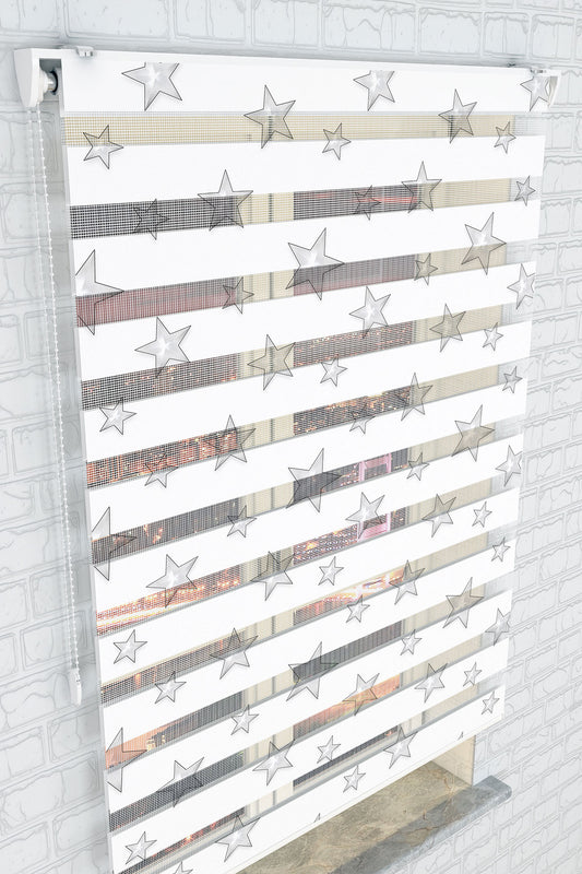 Gümüş Yıldız Desenli Zebra Perde - (AKEL-1132-2)