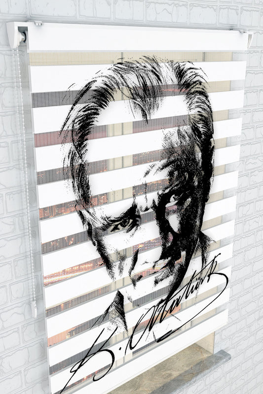 Atatürk İmza ve Portre Desenli Zebra Perde - (AKEL-1134-2)