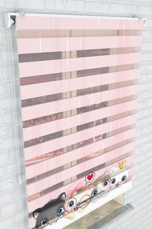 Sevimli Kedi Desenli Pembe Zebra Perde - (AKEL-1144-2)