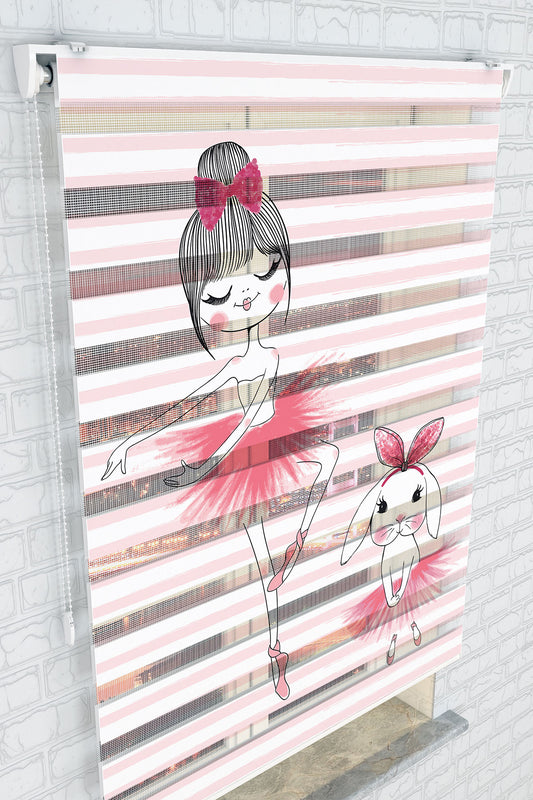 Pembe Balerin Kız ve Tavşan Zebra Perde - (AKEL-1157-2)