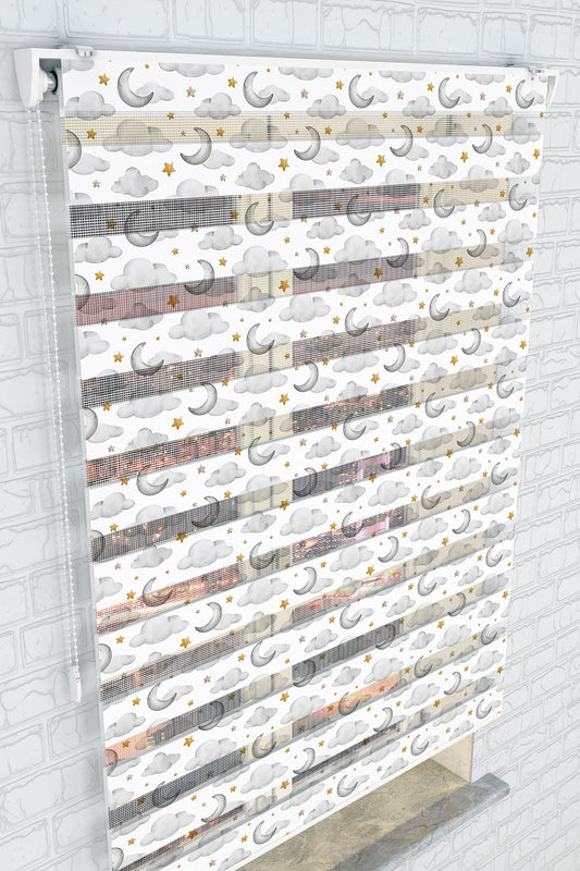 Gece Gökyüzü ve Ay Desenli Zebra Perde - (AKEL-1225-2)