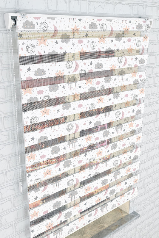 Pastel Tonlarda Gece ve Yıldız Desenli Zebra Perde - (AKEL-1241-2)