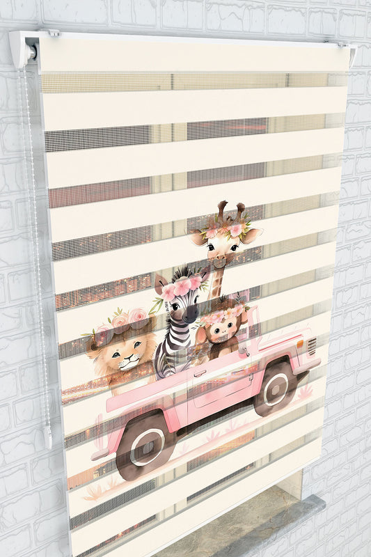 Çiçekli Safari Hayvanları Pembe Jeep Zebra Perde - (AKEL-1246-2)
