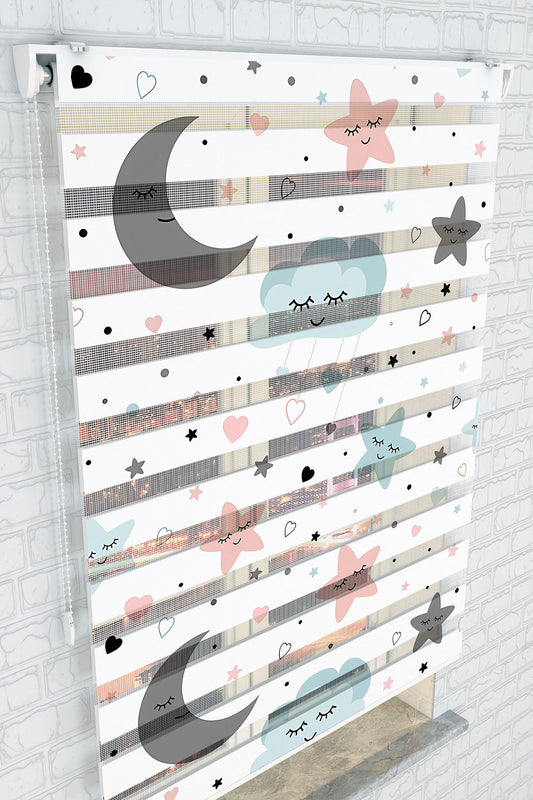 Gülümseyen Ay ve Yıldız Desenli Zebra Perde - Kız Çocuk Odası İçin Sevimli Tasarım - (AKEL-1308-2)