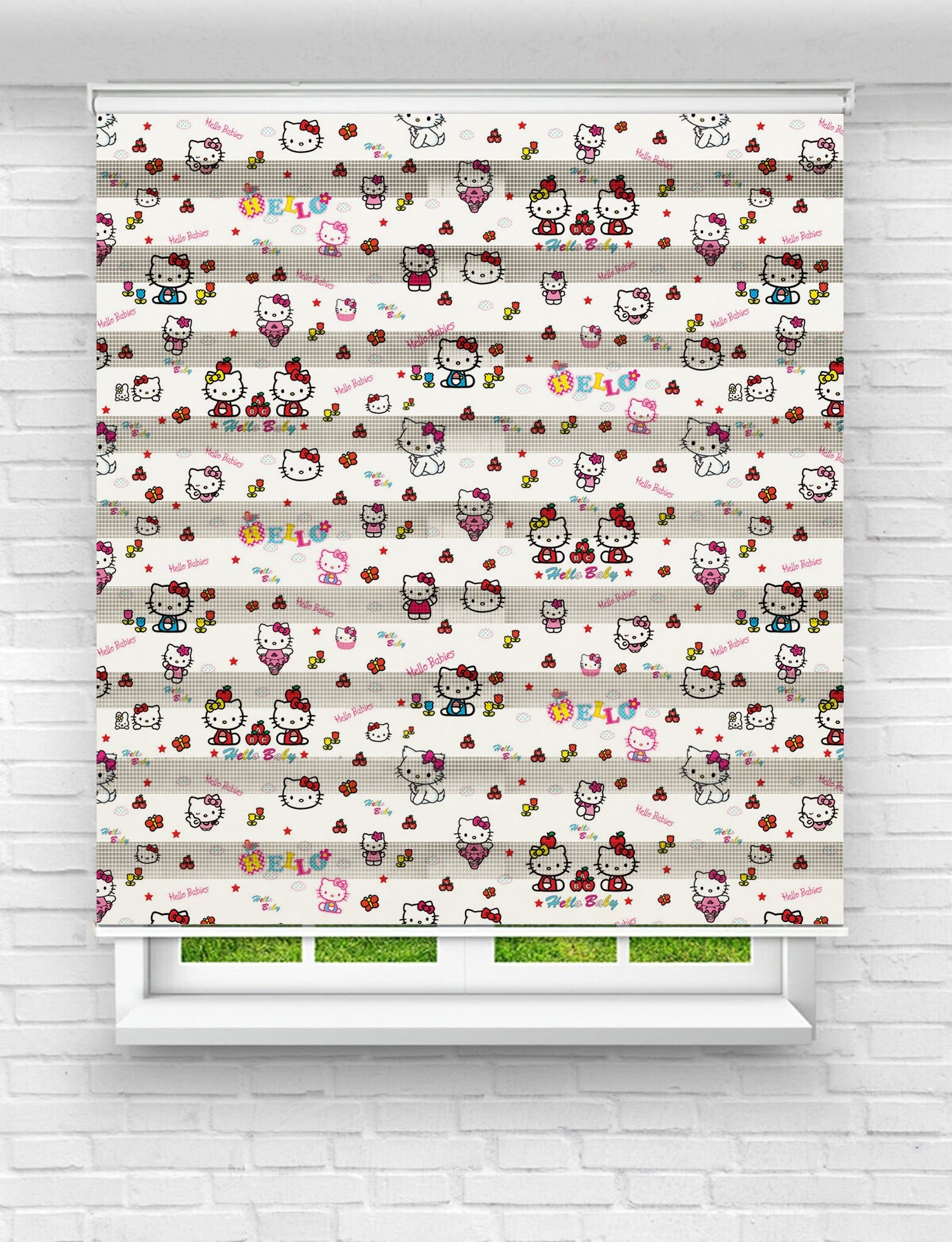 Kız Çocuk Odası İçin Hello Kitty Desenli Baskılı Zebra Perde – Tatlı ve Neşeli Tasarım