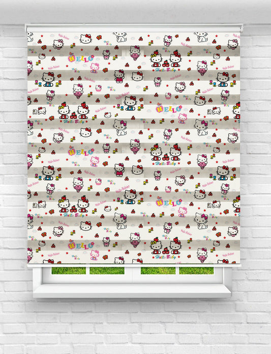 Kız Çocuk Odası İçin Hello Kitty Desenli Baskılı Zebra Perde – Tatlı ve Neşeli Tasarım