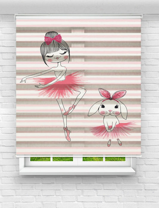 Sevimli Balerinler ve Tavşan Baskılı Zebra Perde | Çocuk Odası İçin