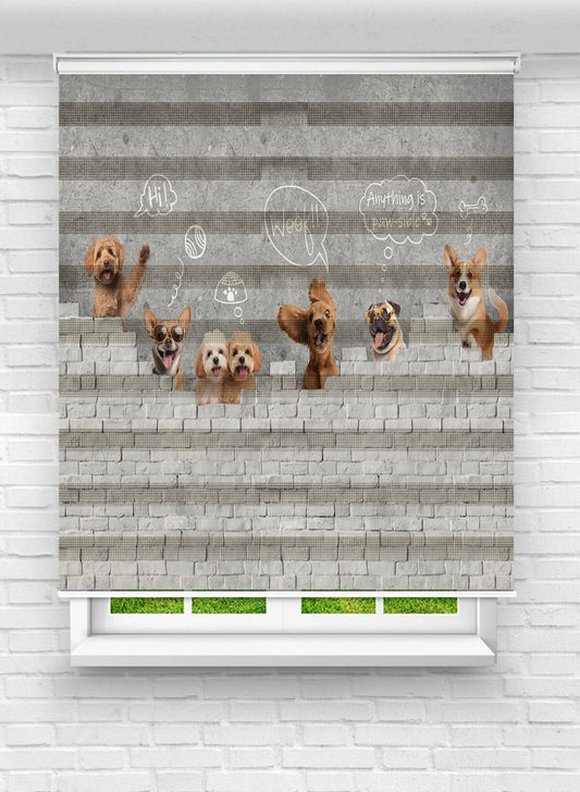 Sevimli Köpekler ve Konuşma Balonları Temalı Zebra Perde – Eğlenceli ve Modern Tasarım