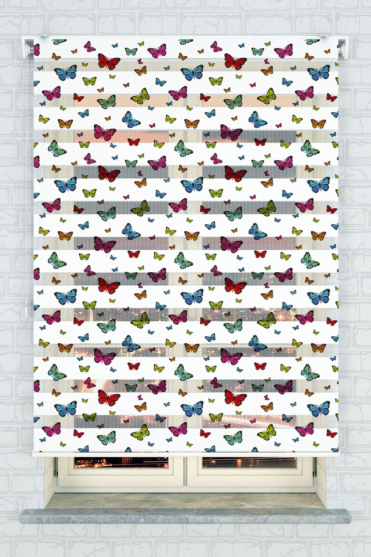 Renkli Kelebek Desenli Zebra Perde - (AKEL-1118-1)