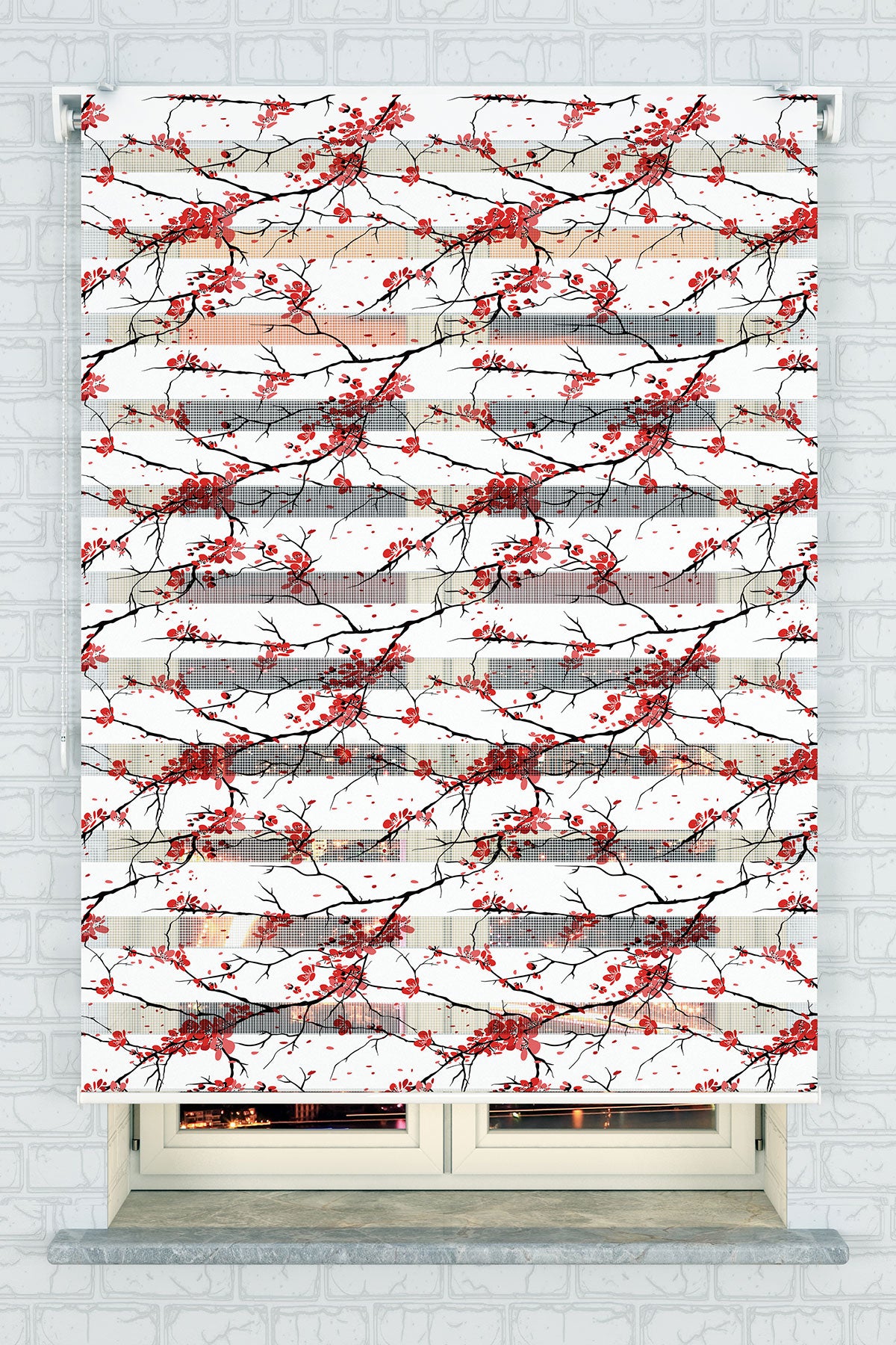 Kırmızı Japon Kiraz Çiçeği Zebra Perde - (AKEL-1120-1)
