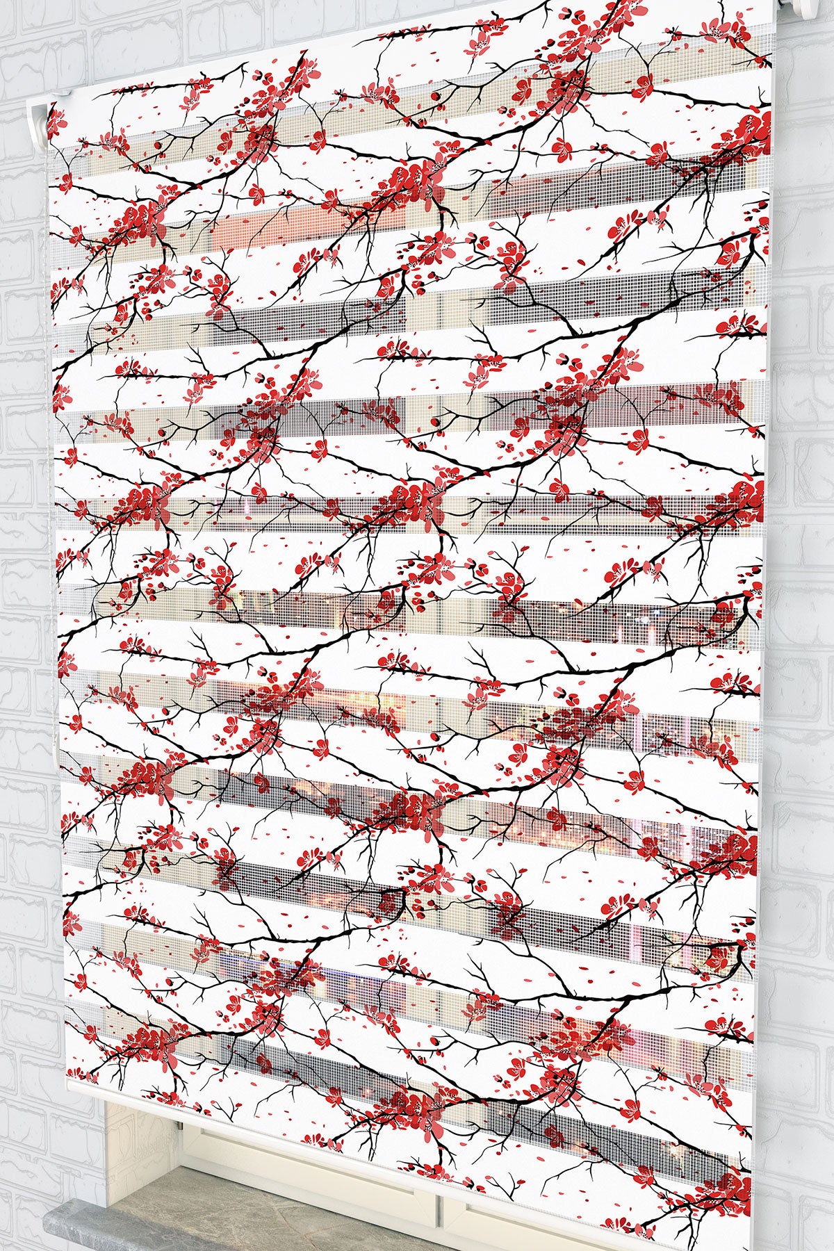 Kırmızı Japon Kiraz Çiçeği Zebra Perde - (AKEL-1120-4)