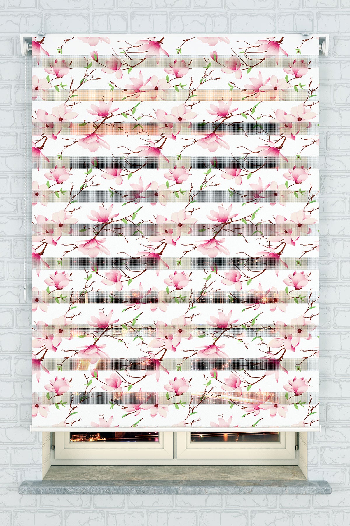 Pembe Manolya Çiçek Desenli Zebra Perde - (AKEL-1123-1)