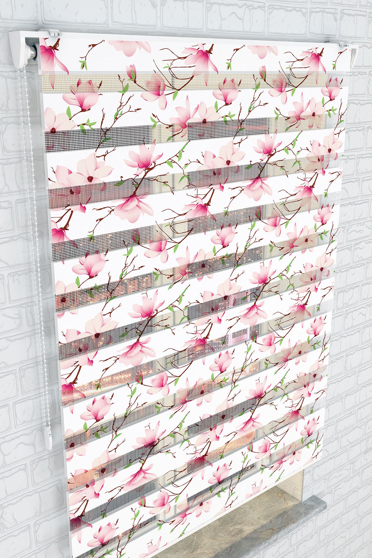 Pembe Manolya Çiçek Desenli Zebra Perde - (AKEL-1123-2)