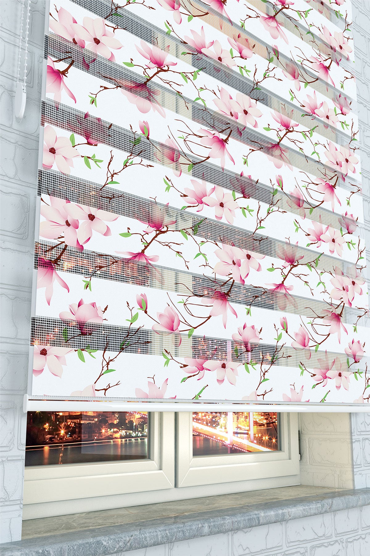 Pembe Manolya Çiçek Desenli Zebra Perde - (AKEL-1123-3)