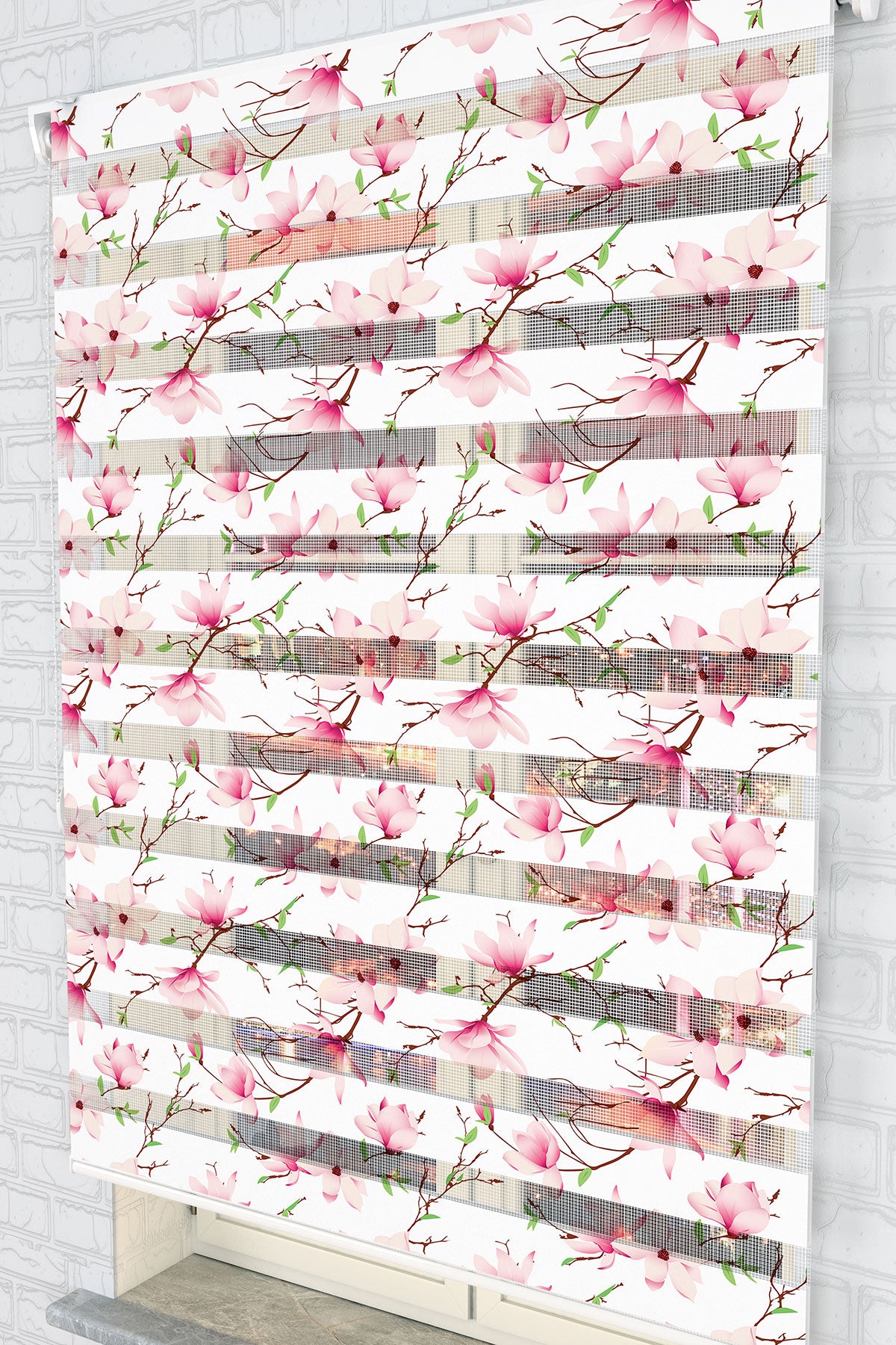 Pembe Manolya Çiçek Desenli Zebra Perde - (AKEL-1123-4)
