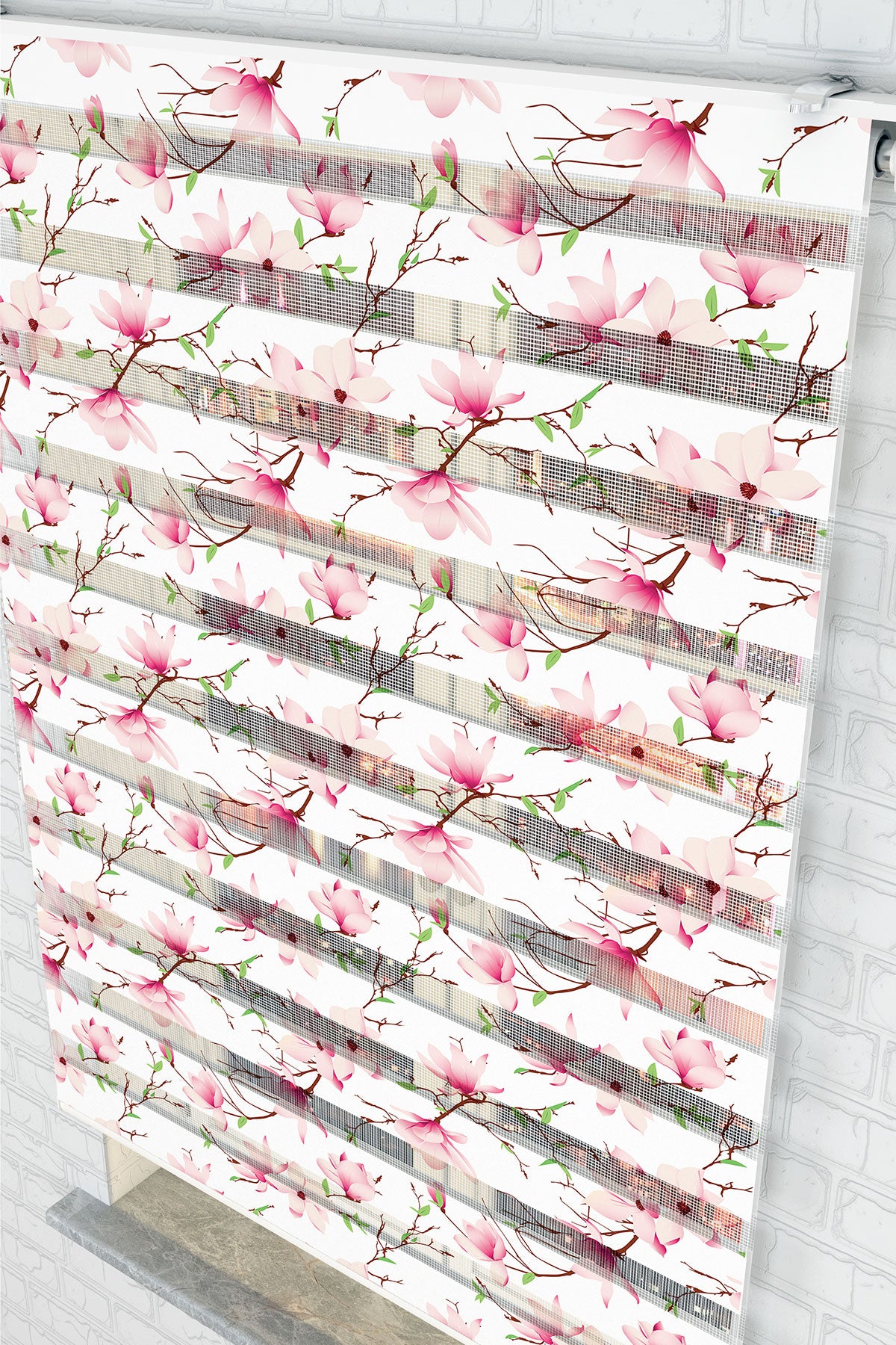 Pembe Manolya Çiçek Desenli Zebra Perde - (AKEL-1123-5)