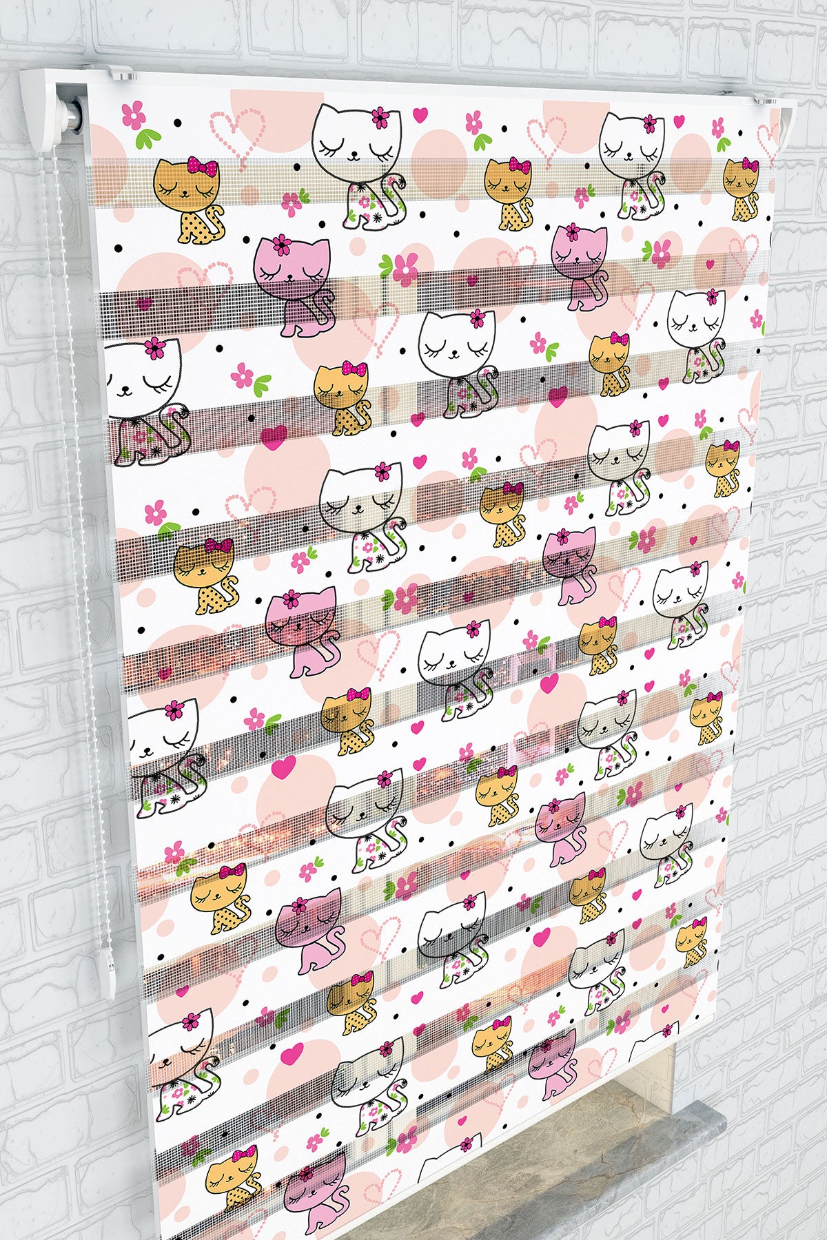 Sevimli Kedi Desenli Zebra Perde - (AKEL-1125-2)
