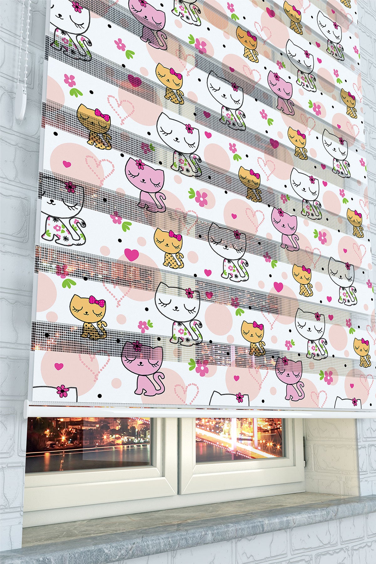 Sevimli Kedi Desenli Zebra Perde - (AKEL-1125-3)