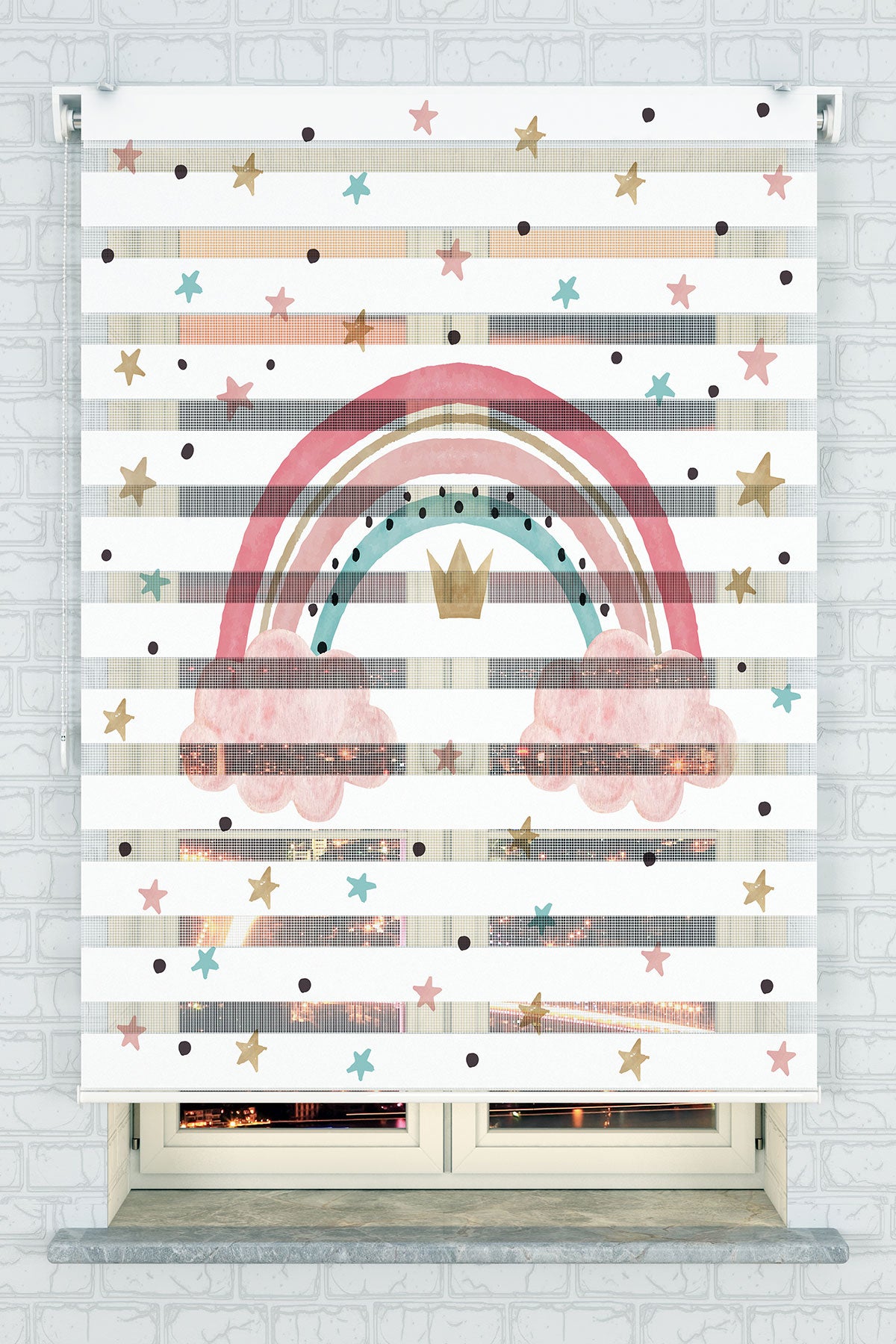 Pastel Gökkuşağı ve Yıldızlar Desenli Zebra Perde - (AKEL-1136-1)