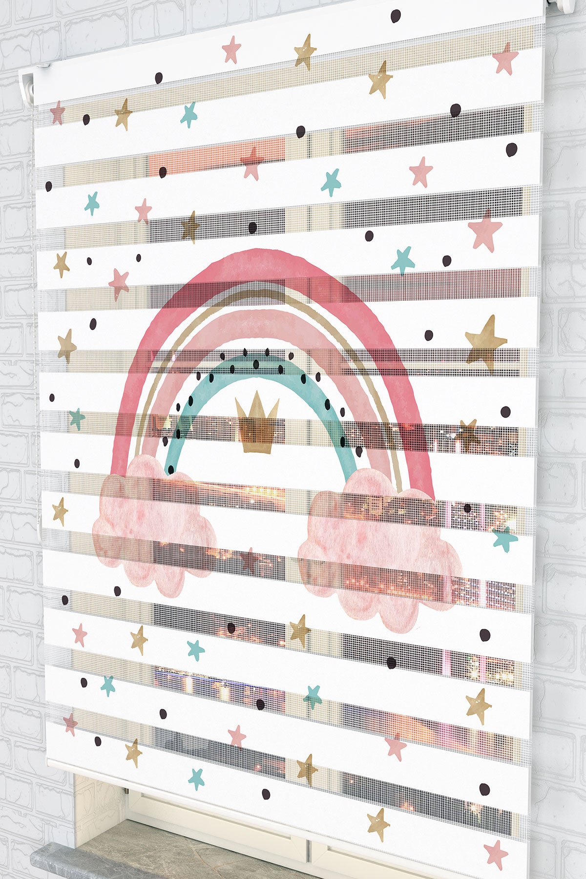 Pastel Gökkuşağı ve Yıldızlar Desenli Zebra Perde - (AKEL-1136-4)