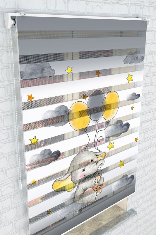 Uçan Fil ve Balon Desenli Zebra Perde - (AKEL-1138-2)