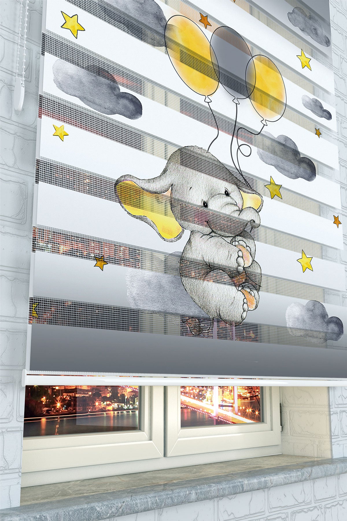 Uçan Fil ve Balon Desenli Zebra Perde - (AKEL-1138-3)