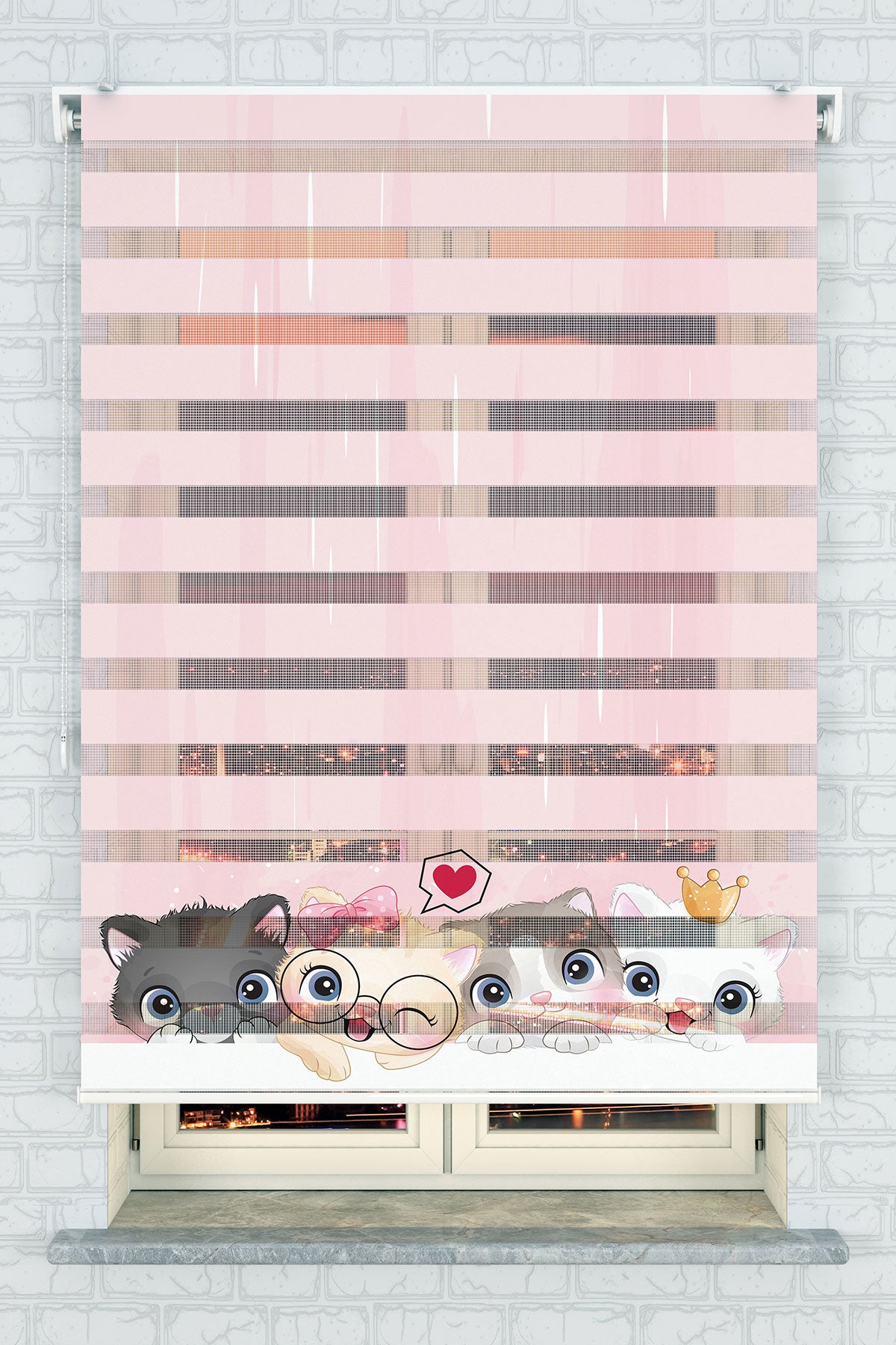 Sevimli Kedi Desenli Pembe Zebra Perde - (AKEL-1144-1)