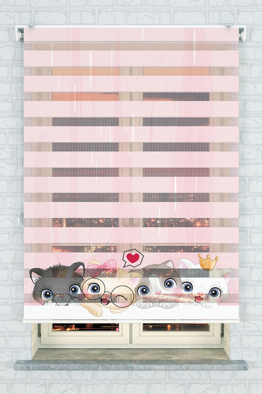 Sevimli Kedi Desenli Pembe Zebra Perde - (AKEL-1144-1)