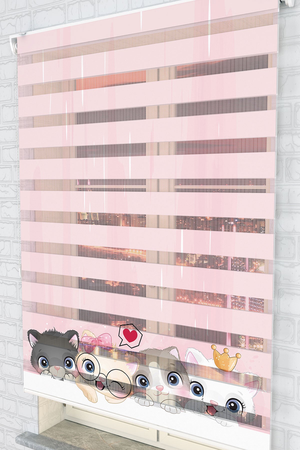 Sevimli Kedi Desenli Pembe Zebra Perde - (AKEL-1144-4)