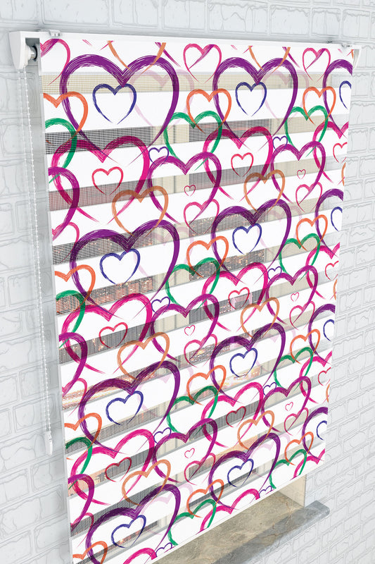 Renkli Kalpler Desenli Zebra Perde  - (AKEL-1148-2)