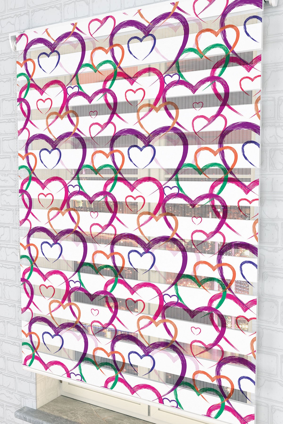 Renkli Kalpler Desenli Zebra Perde  - (AKEL-1148-4)
