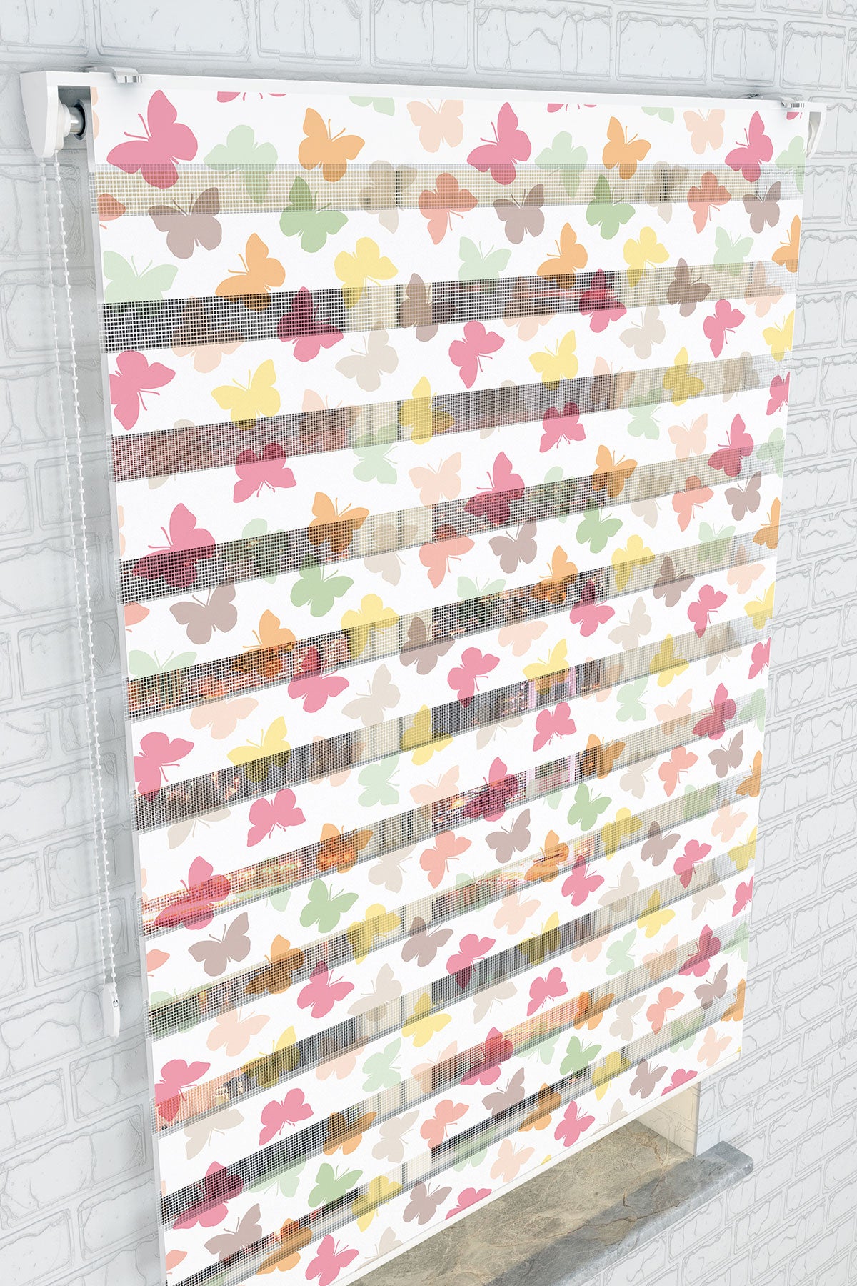 Pastel Kelebek Desenli Zebra Perde - (AKEL-1153-2)