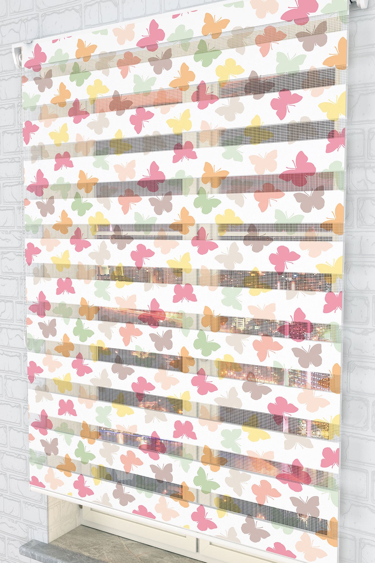 Pastel Kelebek Desenli Zebra Perde - (AKEL-1153-4)