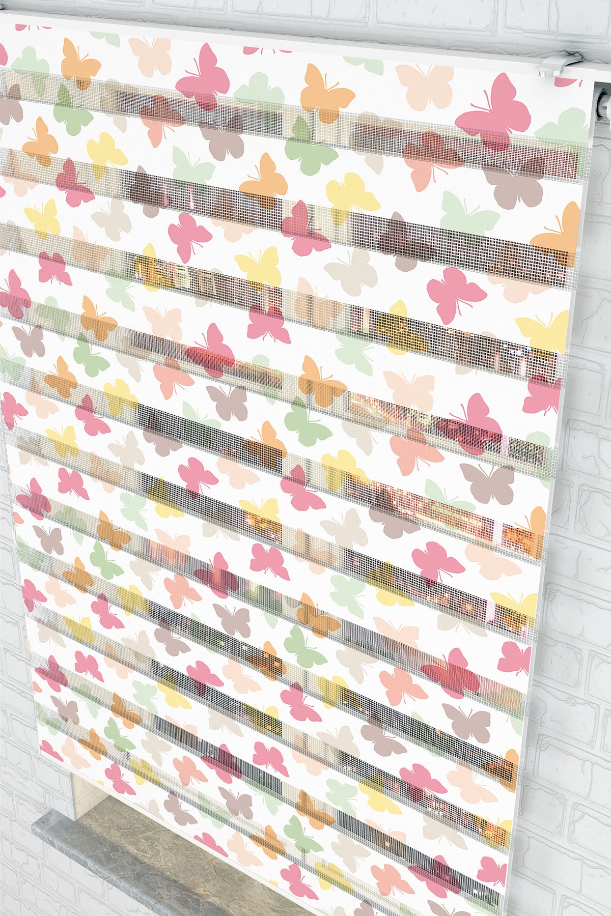 Pastel Kelebek Desenli Zebra Perde - (AKEL-1153-5)