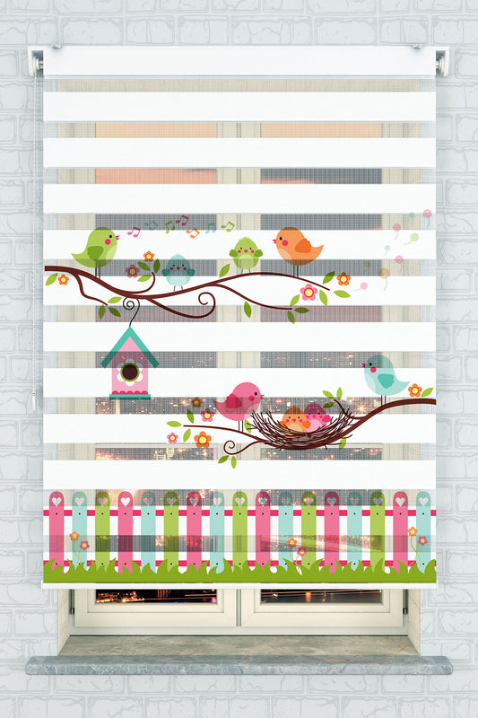 Neşeli Kuşlar Desenli Zebra Perde - (AKEL-1159-1)