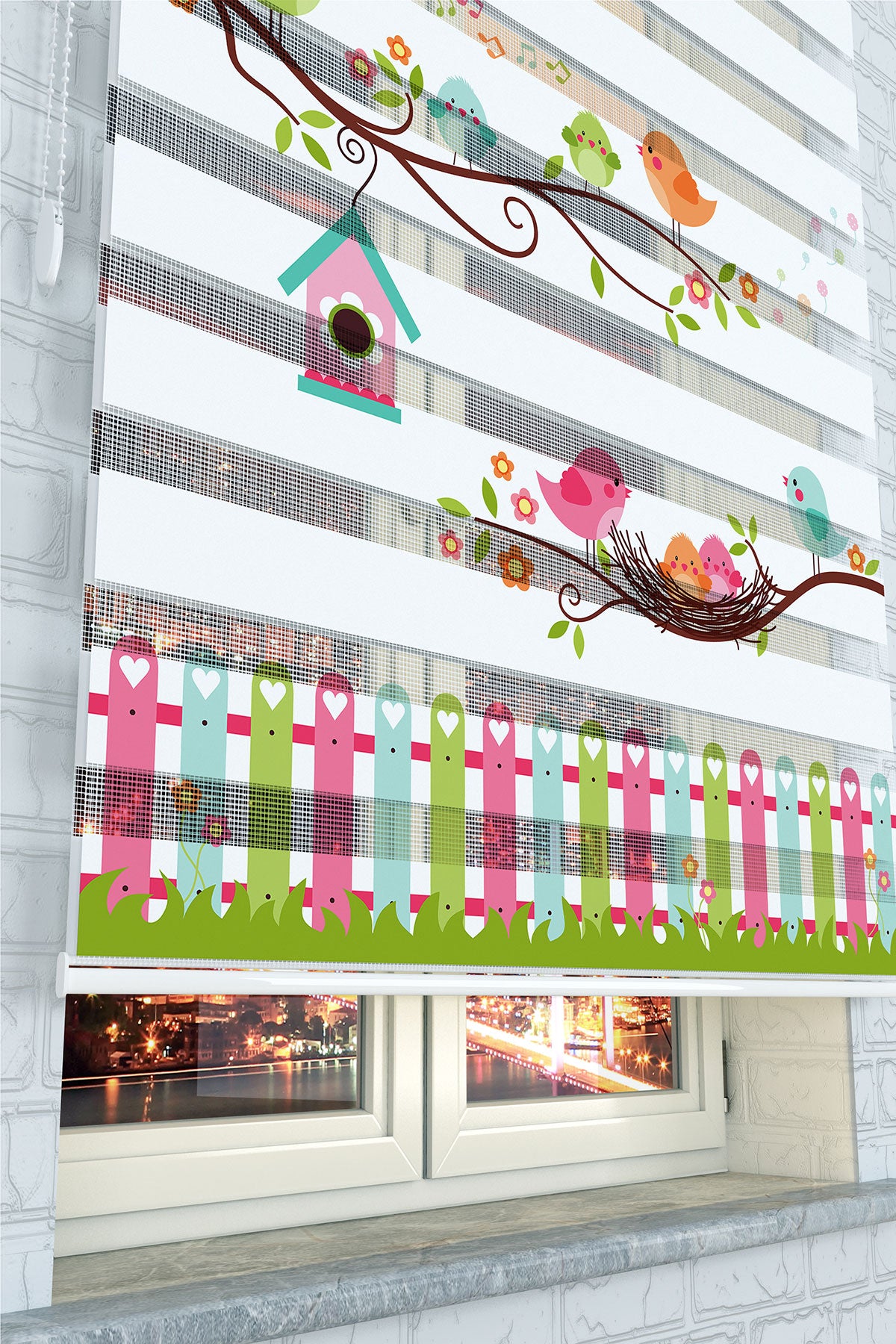 Neşeli Kuşlar Desenli Zebra Perde - (AKEL-1159-3)