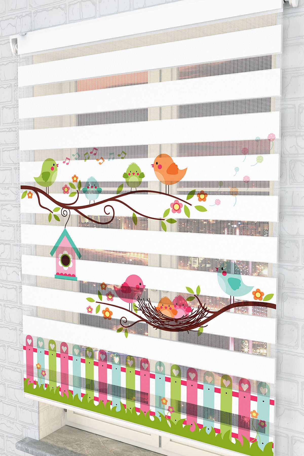 Neşeli Kuşlar Desenli Zebra Perde - (AKEL-1159-4)