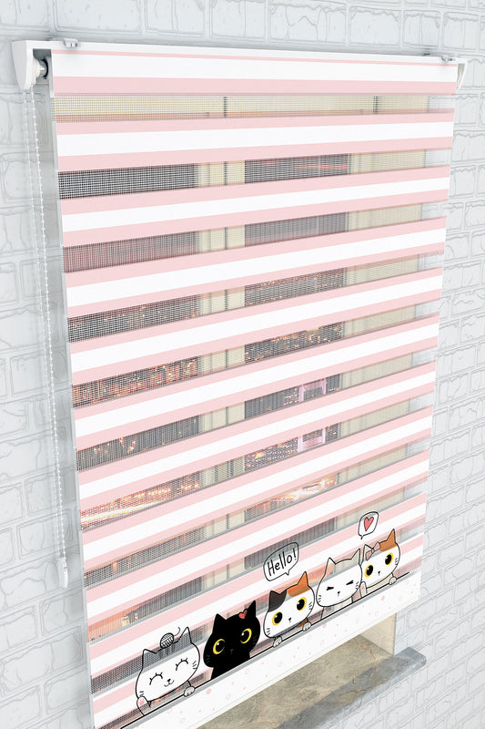 Sevimli Kediler Pembe Zebra Perde - (AKEL-1162-2)