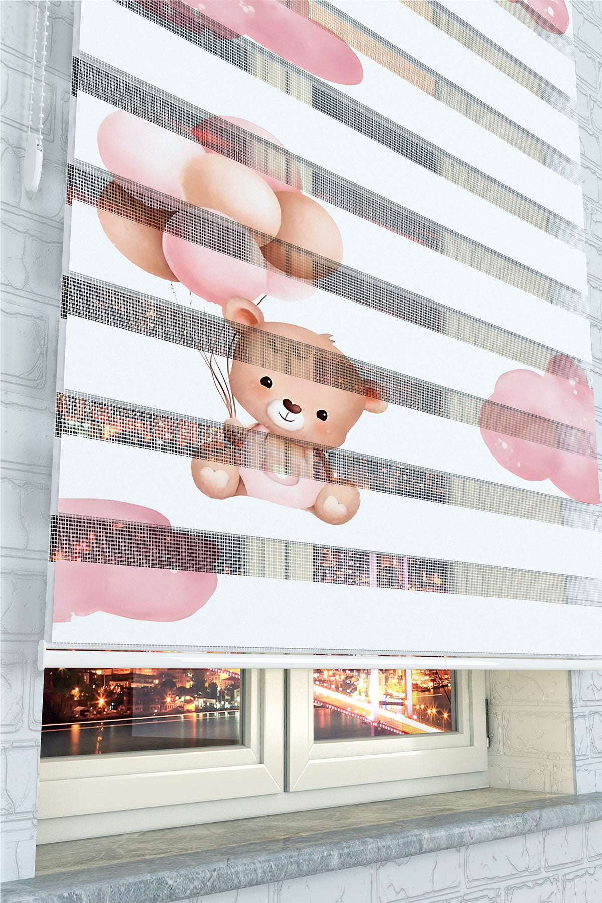 Uçan Balonlu Ayıcık Zebra Perde - (AKEL-1182-3)