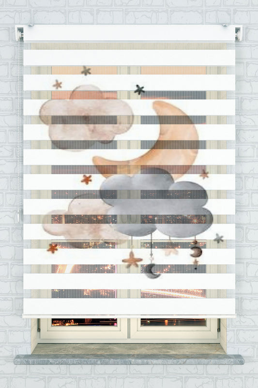 Yıldızlı Ay ve Bulut Desenli Zebra Perde  - (AKEL-1186-1)