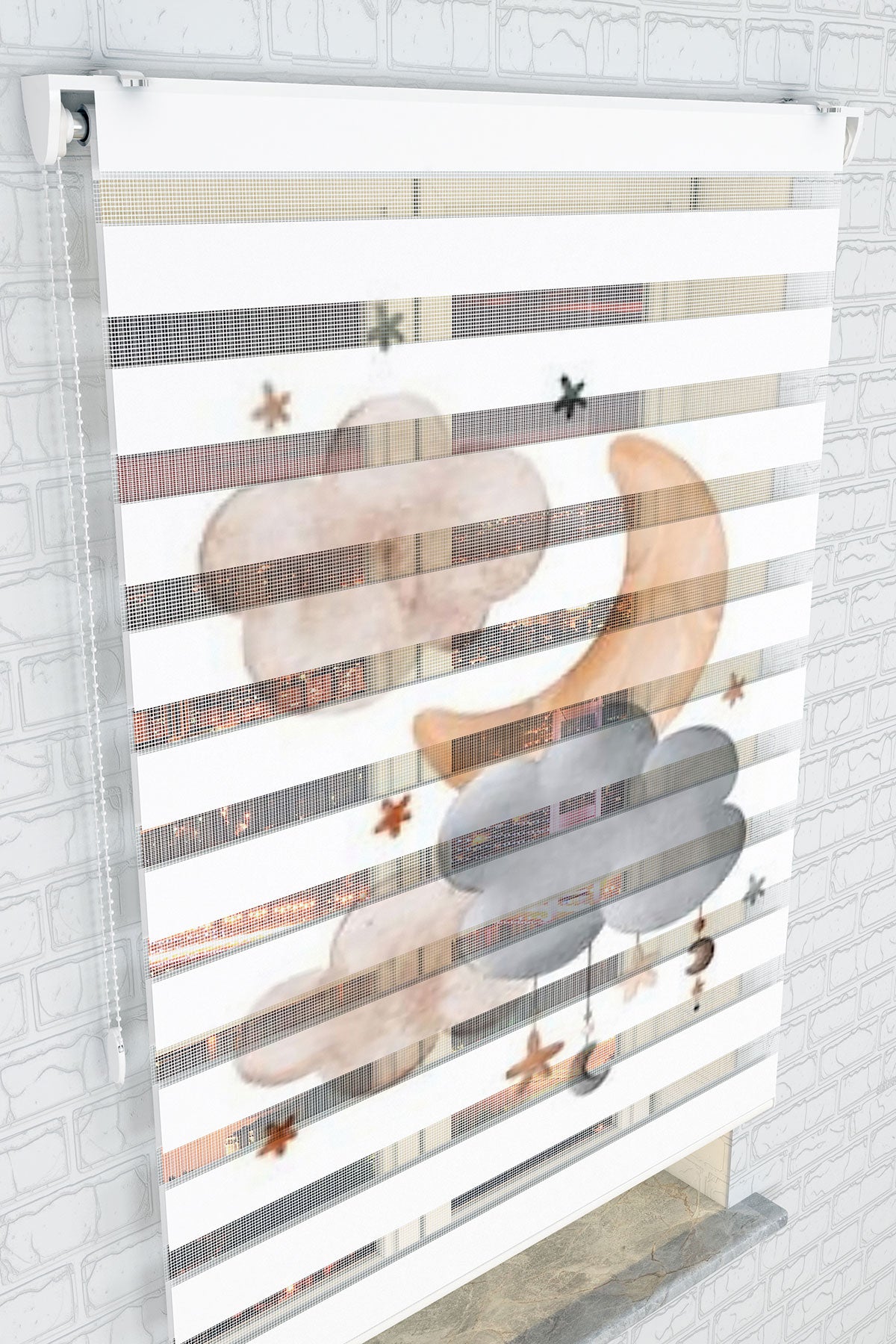 Yıldızlı Ay ve Bulut Desenli Zebra Perde  - (AKEL-1186-2)
