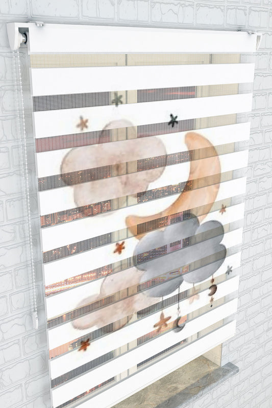 Yıldızlı Ay ve Bulut Desenli Zebra Perde  - (AKEL-1186-2)
