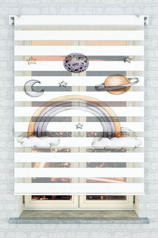 Gezegen ve Gökkuşağı Desenli Zebra Perde - (AKEL-1187-1)