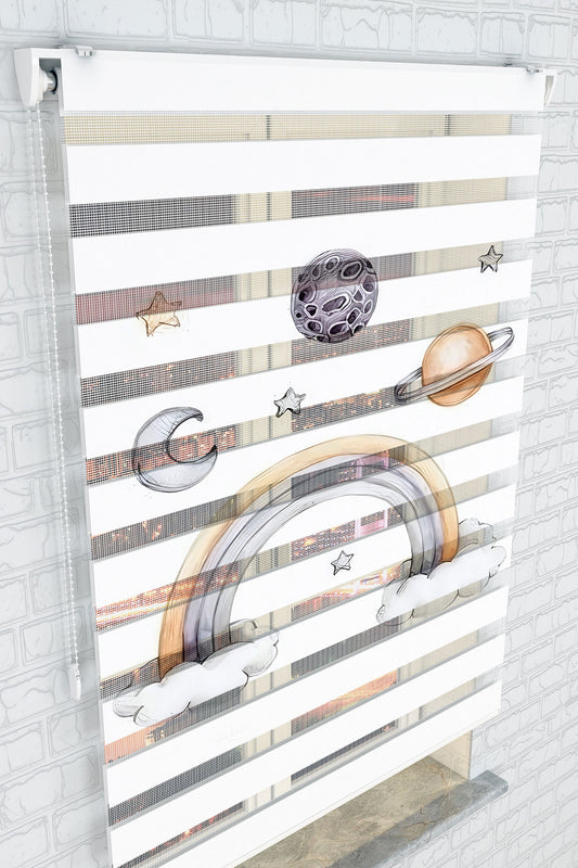 Gezegen ve Gökkuşağı Desenli Zebra Perde - (AKEL-1187-2)