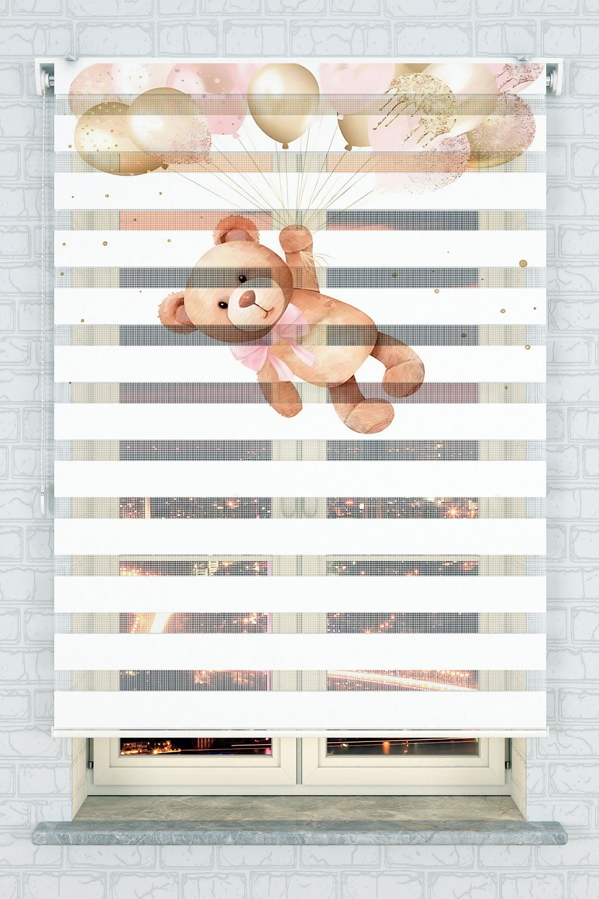 Uçan Balonlu Ayıcık Zebra Perde - (AKEL-1219-1)