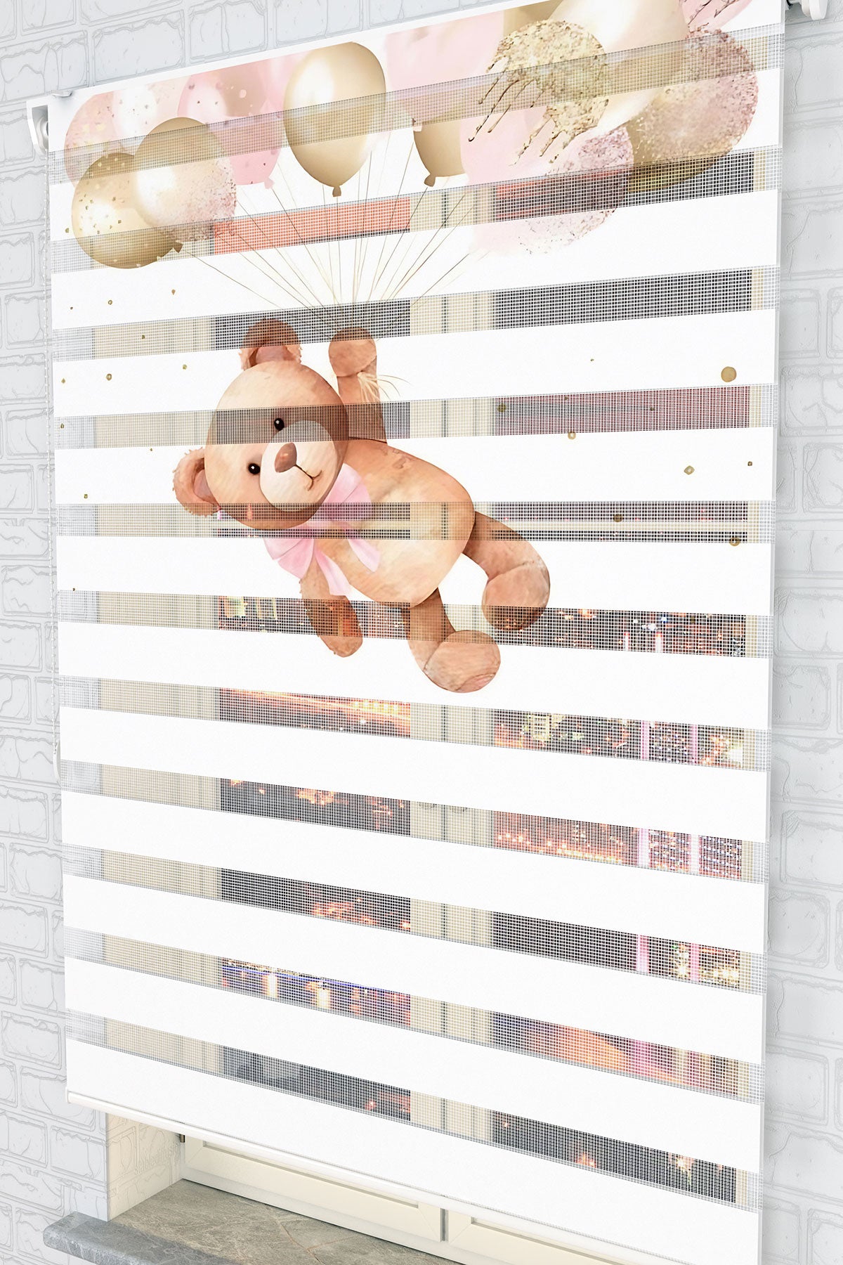 Uçan Balonlu Ayıcık Zebra Perde - (AKEL-1219-4)